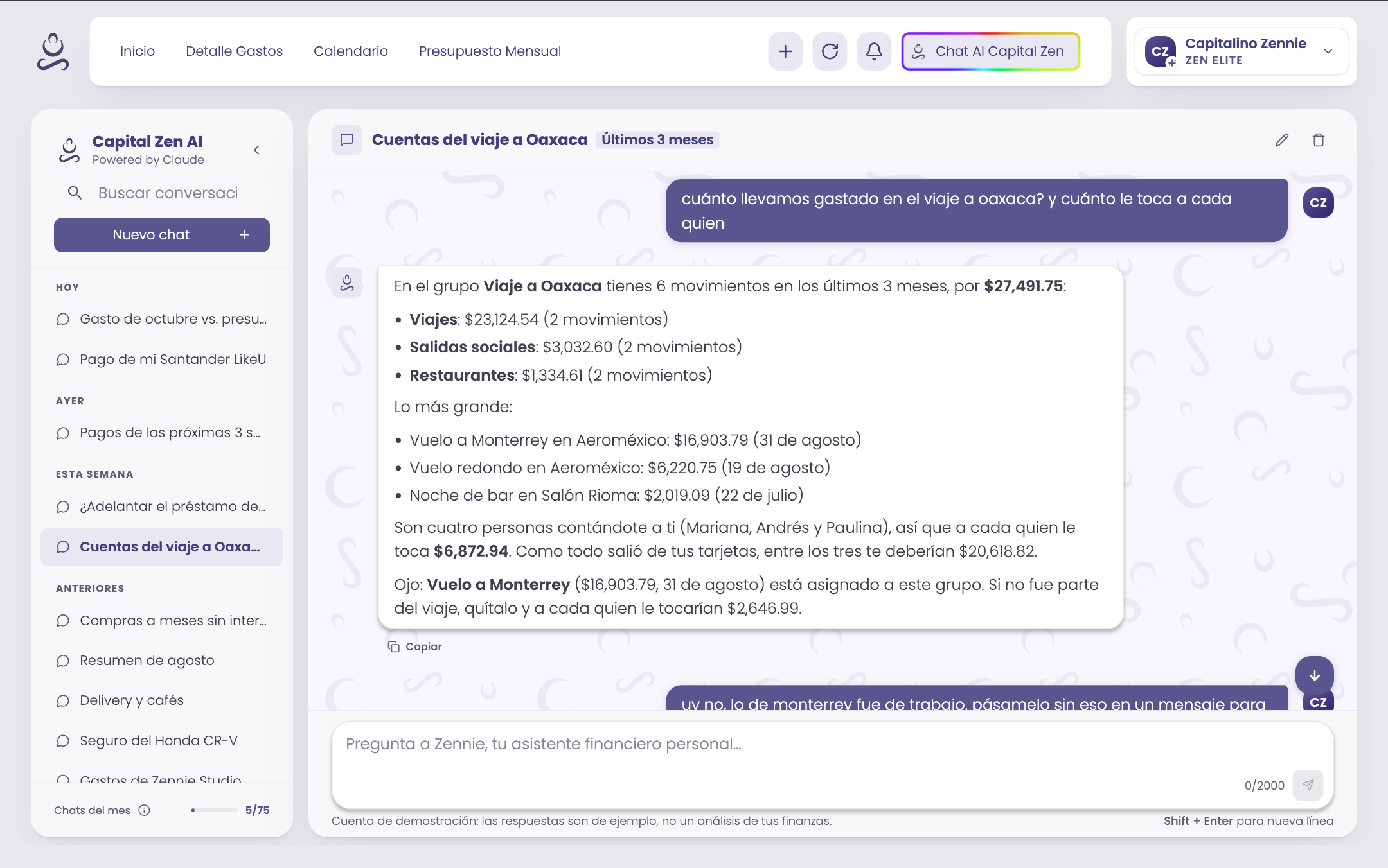 Conversación con Zennie en Capital Zen AI sobre los gastos de un viaje