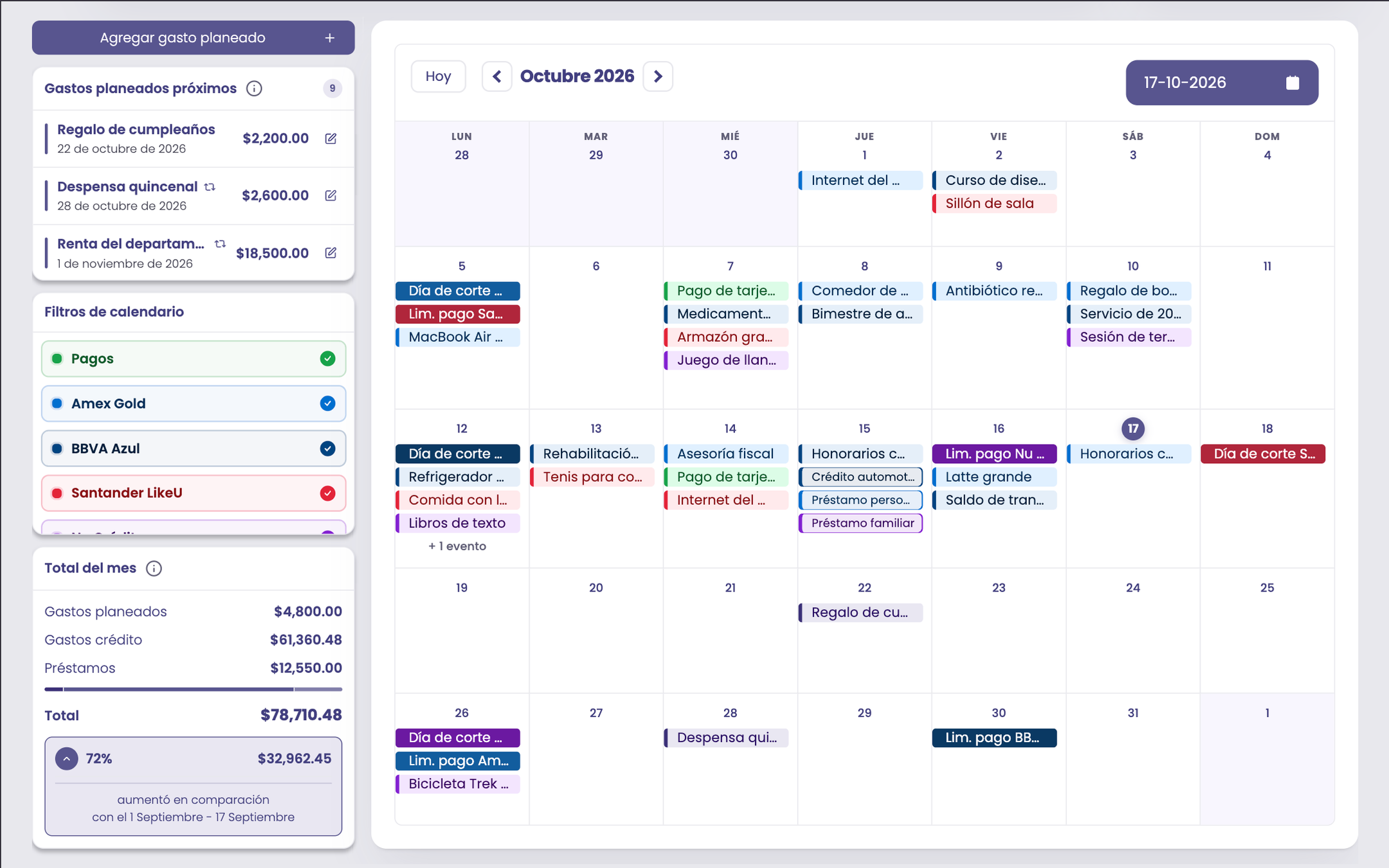 Calendario de Capital Zen con pagos, cortes y gastos planeados de octubre