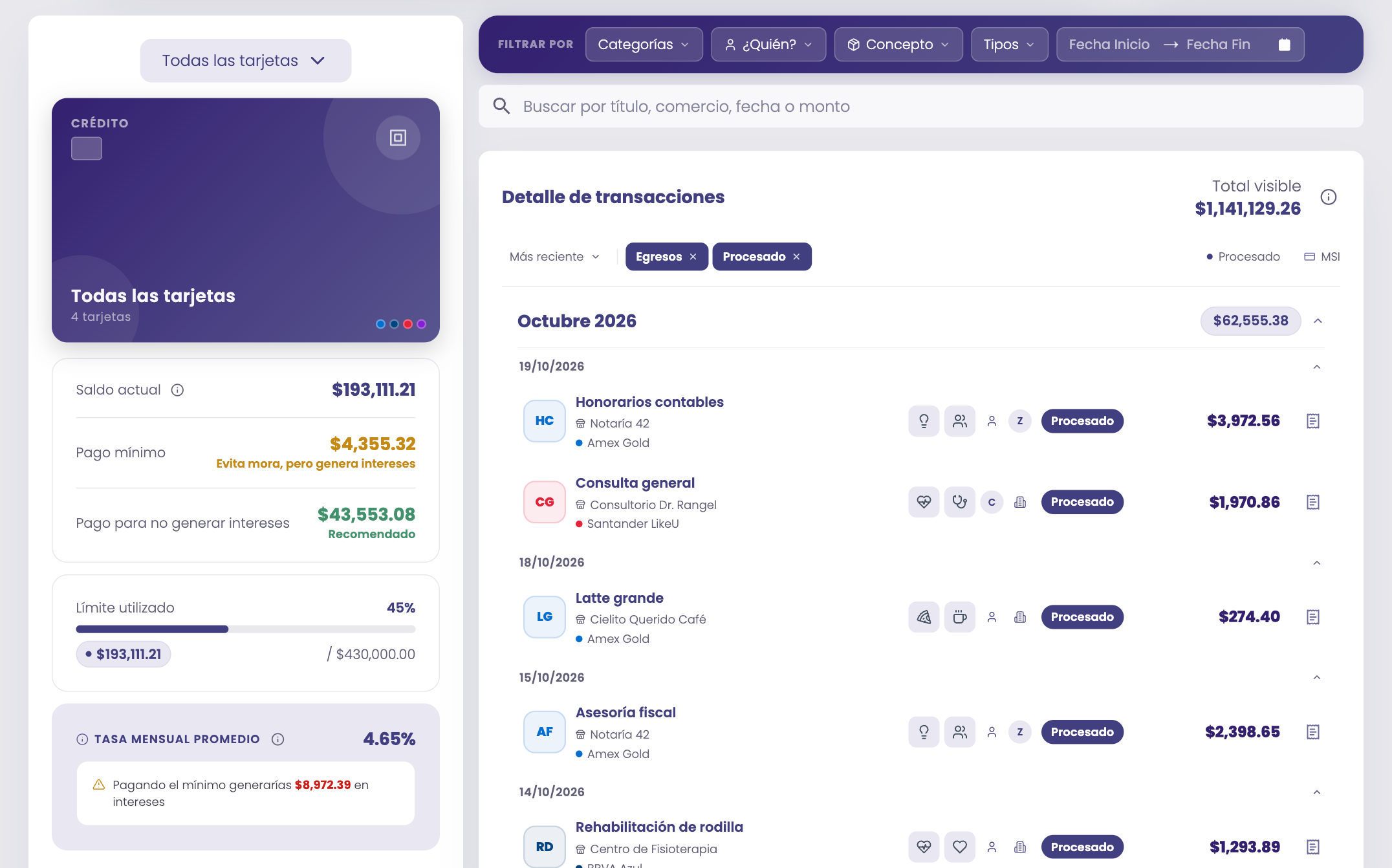 Detalle de gastos de Capital Zen con filtros y transacciones de octubre