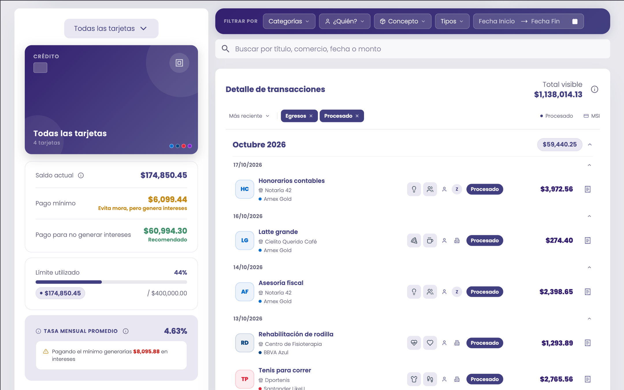 Detalle de gastos de Capital Zen con filtros y transacciones de octubre